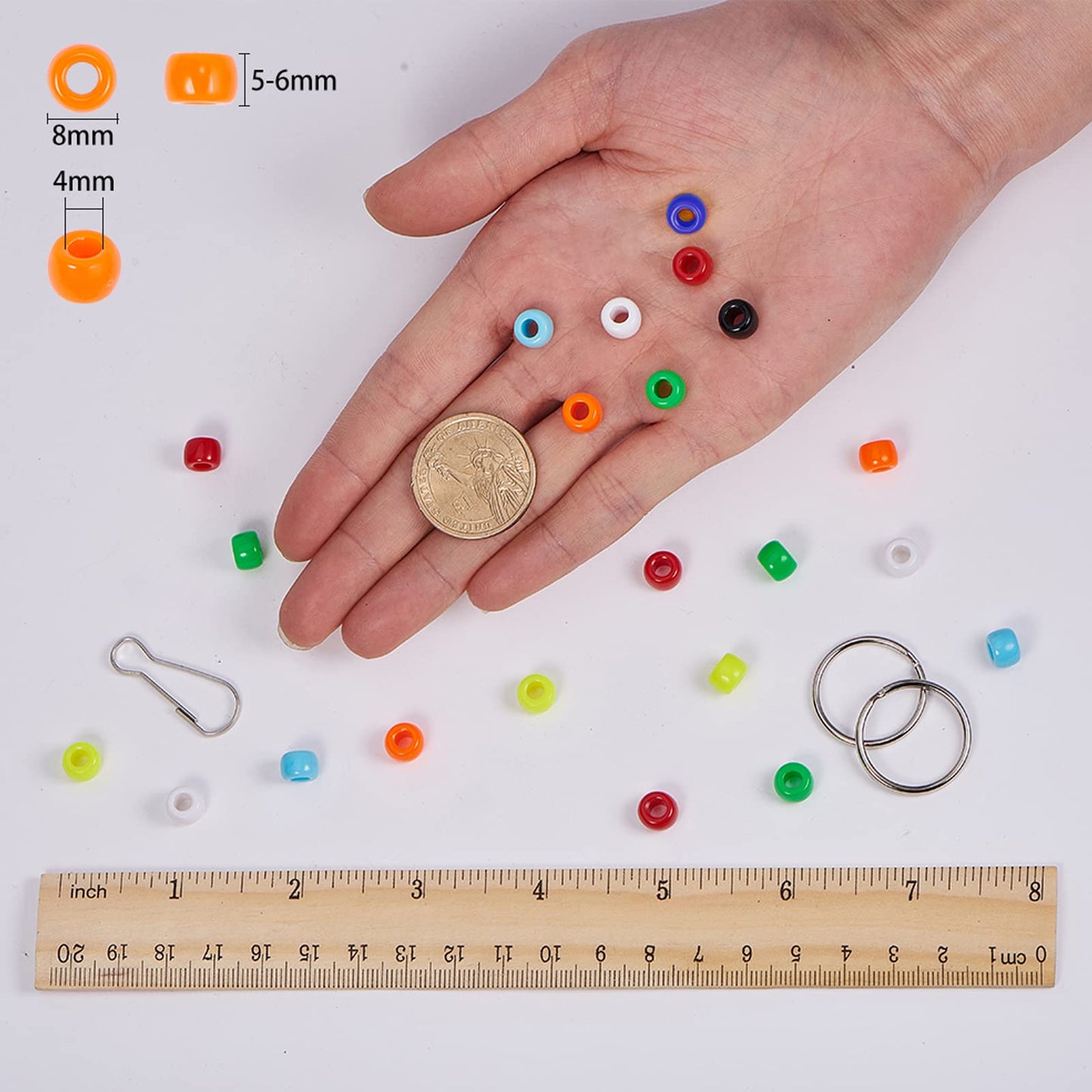 SUNNYCLUE 1 Box DIY 8 Pairs 620Pcs Bead Pets Kit 8mm Large Pony Beads Assortment Box Set with Keyring & Key Clasp, Polyester Cord, Beads Art Crafts for Adults with Instruction Christmas Craft Gift