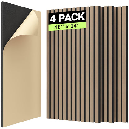 TONOR 4PCS Wood Slat Panels, 48” x 24”Adhesive Acoustic Panels for Wall, Decorative 3D Fluted Panels for Sound Absorbing, Soundproof Panels with Wood Finish for Living Room, Dark Walnut