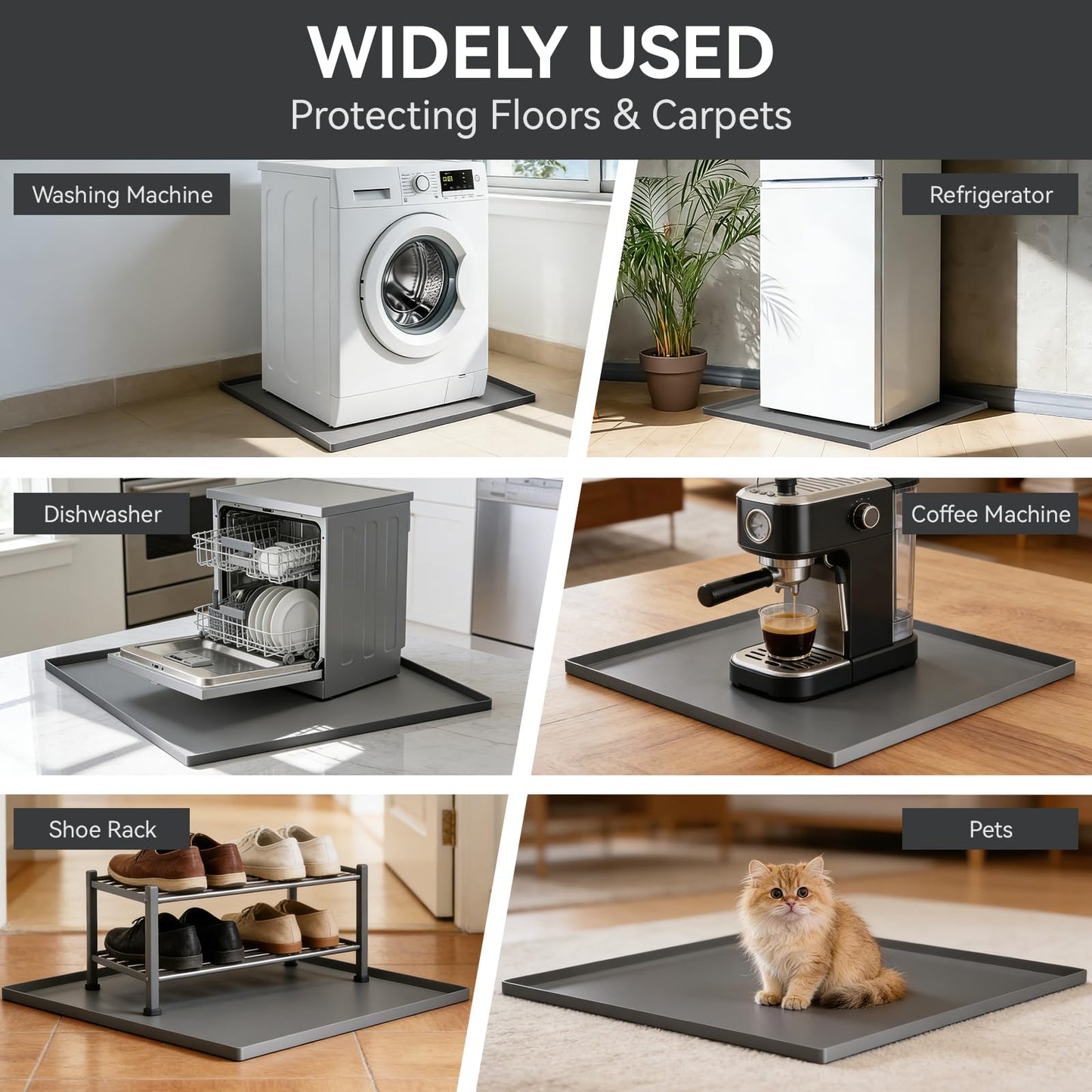 SKERTS Silicone Fridge & Washing Machine Mat 27"x27"x0.8" Non-Slip Spill-Proof Floor Protector with Raised Edges for Mini Fridge, Dishwasher, Pet Bowls, Dark Gray