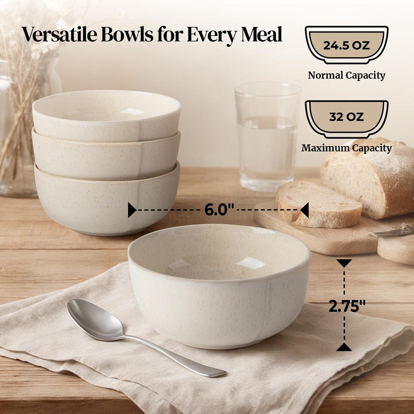 DOWAN 32 OZ Soup Bowls Set of 4, 6" Large Deep Ceramic Bowls with Embossed Sesame Glaze for Kitchen, Oatmeal, Soup, Salad, Fruit, Dishwasher & Microwave Safe