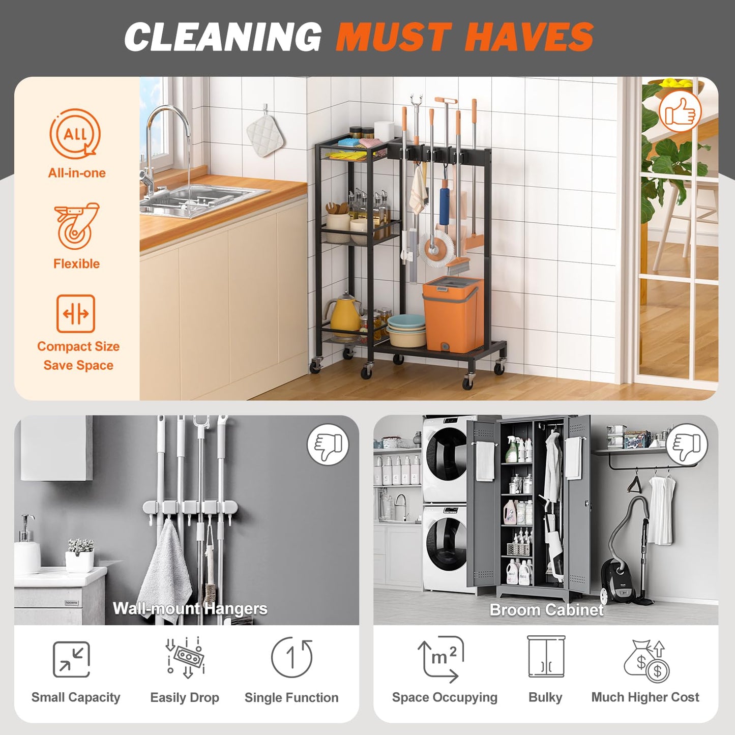Broom Holder with Cleaning Supplies Organizer, Broom Closet Storage Cabinet with Cleaning Caddy, Cleaning Cart with Mop Hanger Gripper Rack Hooks,Janitorial Cart,Utility Carts Household Essentials