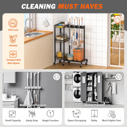 Broom Holder with Cleaning Supplies Organizer, Broom Closet Storage Cabinet with Cleaning Caddy, Cleaning Cart with Mop Hanger Gripper Rack Hooks,Janitorial Cart,Utility Carts Household Essentials