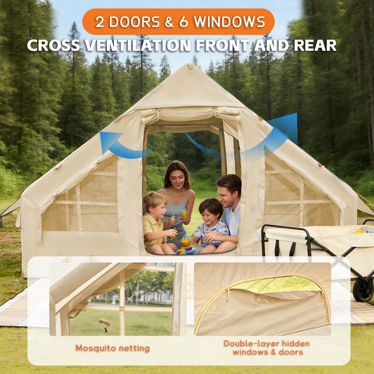 Inflatable Tents for Camping, 4-6 Person Easy Blow Up Tent with Hand Pump,4 Seasons Waterproof Air Inflatable Camping Tent,Hot Tent with Skylight and Stove Jack for Family Camping,Beige