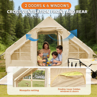 Inflatable Tents for Camping, 4-6 Person Easy Blow Up Tent with Hand Pump,4 Seasons Waterproof Air Inflatable Camping Tent,Hot Tent with Skylight and Stove Jack for Family Camping,Beige
