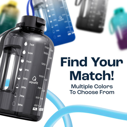AQUAFIT 64 oz Water Bottle with Time Marker - Straw & Chug Lid - BPA Free Half Gallon Gym Water Bottle with Handle - Big Gallon Jug (Gray, 64 Ounces)