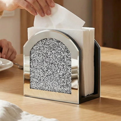 Poayewly Mirror Napkin Holder with Crushed Diamond, Bling Glass Silver Napkin Holder for Dining Table Kitchen Countertop and Home Décor
