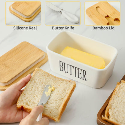 Butter Dish with Lid - Hasense White Ceramic Butter Dish with Airtight Cover and Knife for Countertop, Large Butter Holder Keeper Container with Silicone Sealing Ring for West East Coast