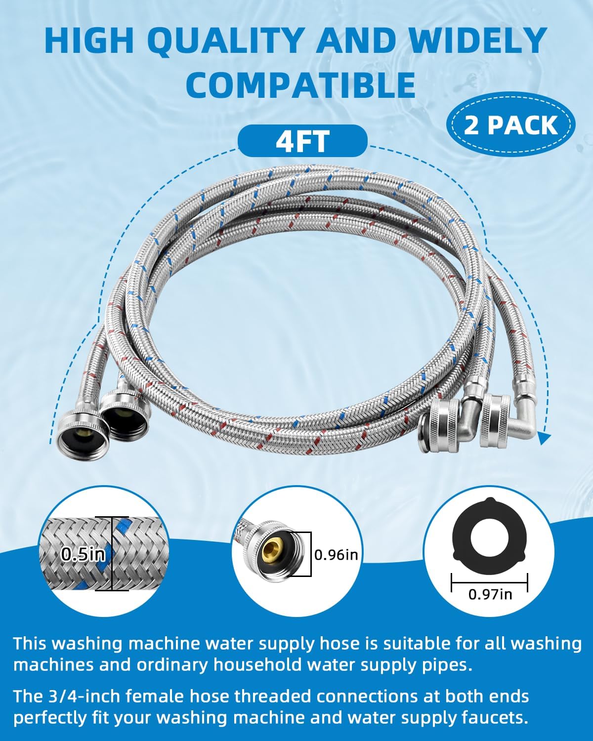 4ft Premium Burst-Proof Stainless Steel Washing Machine Hoses, 90 Degree Elbow Water Connection Inlet Supply Lines
