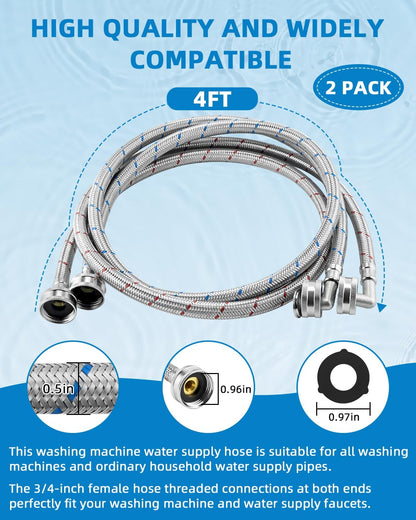 4ft Premium Burst-Proof Stainless Steel Washing Machine Hoses, 90 Degree Elbow Water Connection Inlet Supply Lines