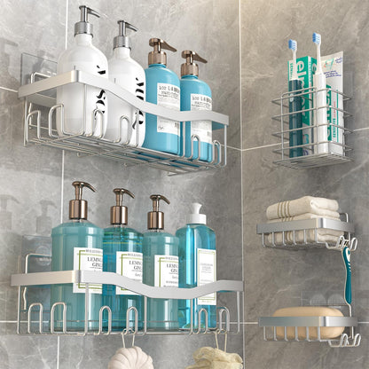 Shower Caddy, Rustproof Bathroom Shower Organizers [5-Pack] with Adhesive Shelves, Soap Caddy & Toothbrush Holder