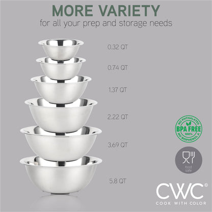 COOK WITH COLOR Stainless Steel Mixing Bowls Set - Nesting Bowls, 6 Pieces, Silver with Non Slip Bottom