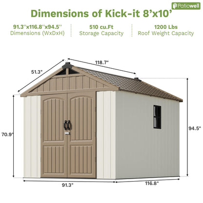 Patiowell 8 x 10 FT Resin Outdoor Storage Shed with Floor, Large Garden Tool Plastic Shed with Window and Lockable Door for Backyard, Tool Storage Use,Easy Installation, Brown (Kick-it Shed)
