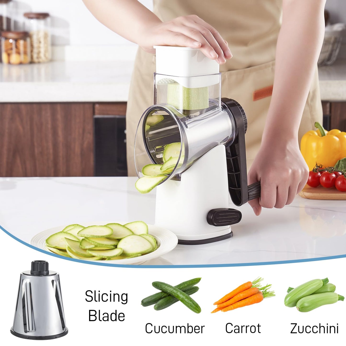 VEKAYA Rotary Cheese Grater Hand Crank with 4 Interchangeable Stainless Steel Blades, Large Manual Handle Shredder and Waffle Slicer for Vegetables, Cheese and Nuts with Table Suction Base(White)