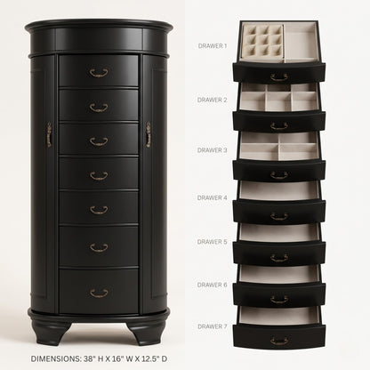 Hives and Honey Daley Oval Jewelry Armoire, Stylish Standing Organizer with Mirror, 7 Drawers, 20 Necklace Hooks, Anti-Tarnish Lining, Divided Storage, Black