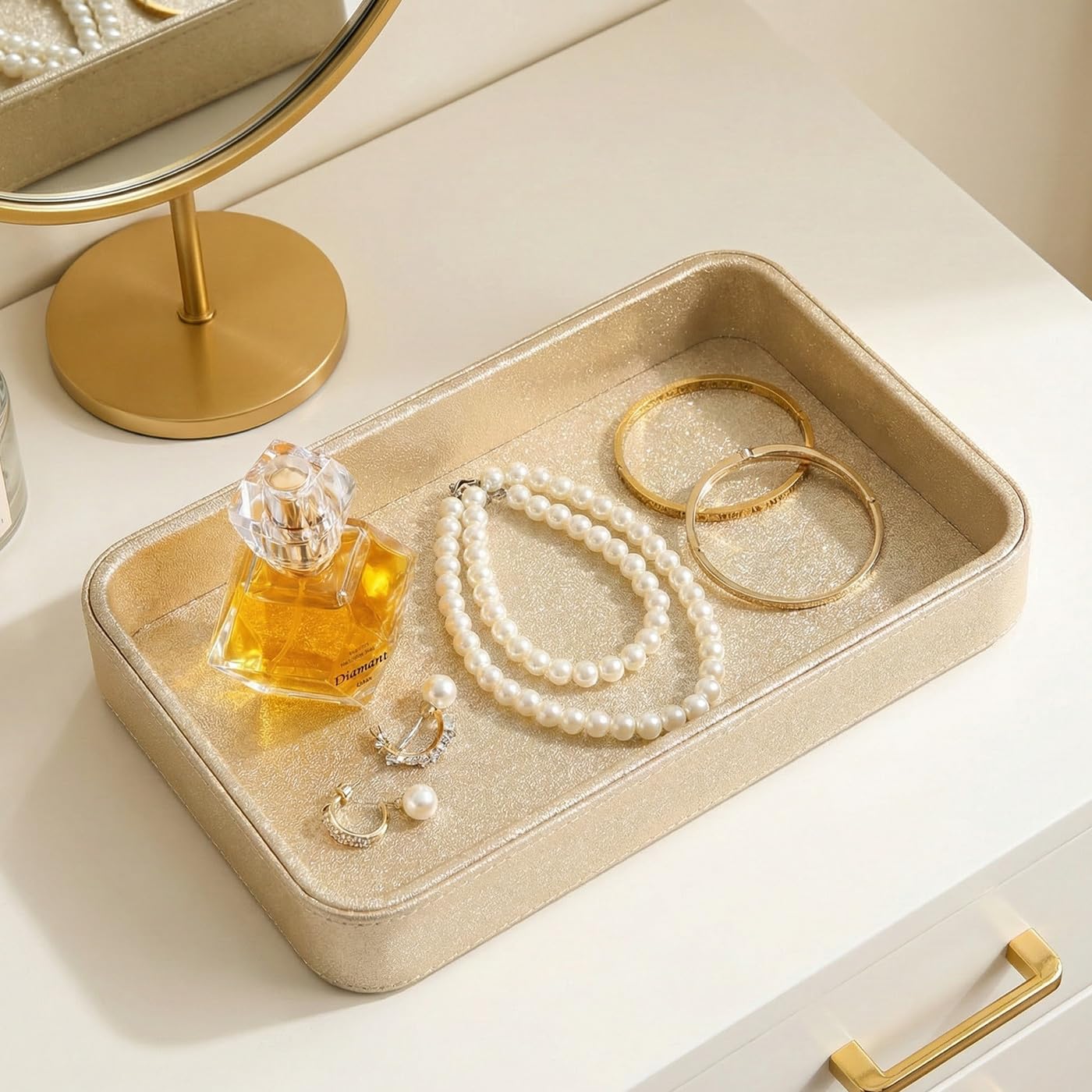 GORESE Gold Perfume Tray, Decorative PU Leather Jewelry Tray for Dresser and Nightstand Organizer, Catch-All Vanity Tray for Purse Bowl, Trinket, Key & Daily Essentials, Luxury Gift for Women
