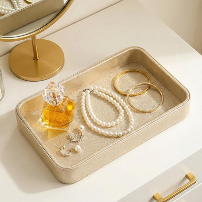 GORESE Gold Perfume Tray, Decorative PU Leather Jewelry Tray for Dresser and Nightstand Organizer, Catch-All Vanity Tray for Purse Bowl, Trinket, Key & Daily Essentials, Luxury Gift for Women