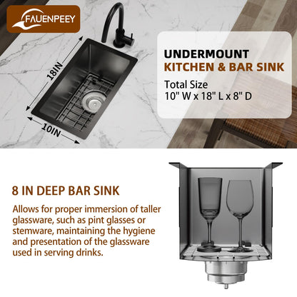 Black Kitchen And Bar Sink,10x18 Inch Stainless Steel Drop In Single Bowl Undermount RV Prep Small Kitchen&Bar Sink Ideal Choice For Small Space Come With Bottom Grid,Soap Mat And Drain Assembly