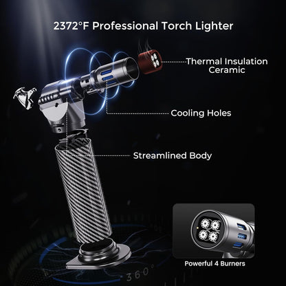 Quad Torch Lighter with Adjustable Flame, Refillable Windproof Blow Torch for Kitchen Cooking and BBQ
