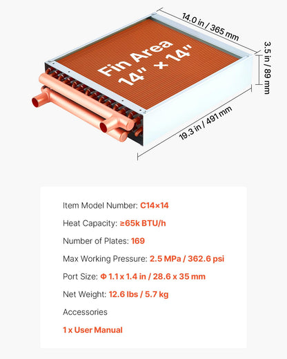 VEVOR Water to Air Heat Exchanger, 14 x 14 in Finned Tube HVAC Heat Exchanger Coil with Copper Tubes & Aluminum Fins, 65K BTU Output for Outdoor Wood Furnace, Hydronic Heating & Cooling Systems