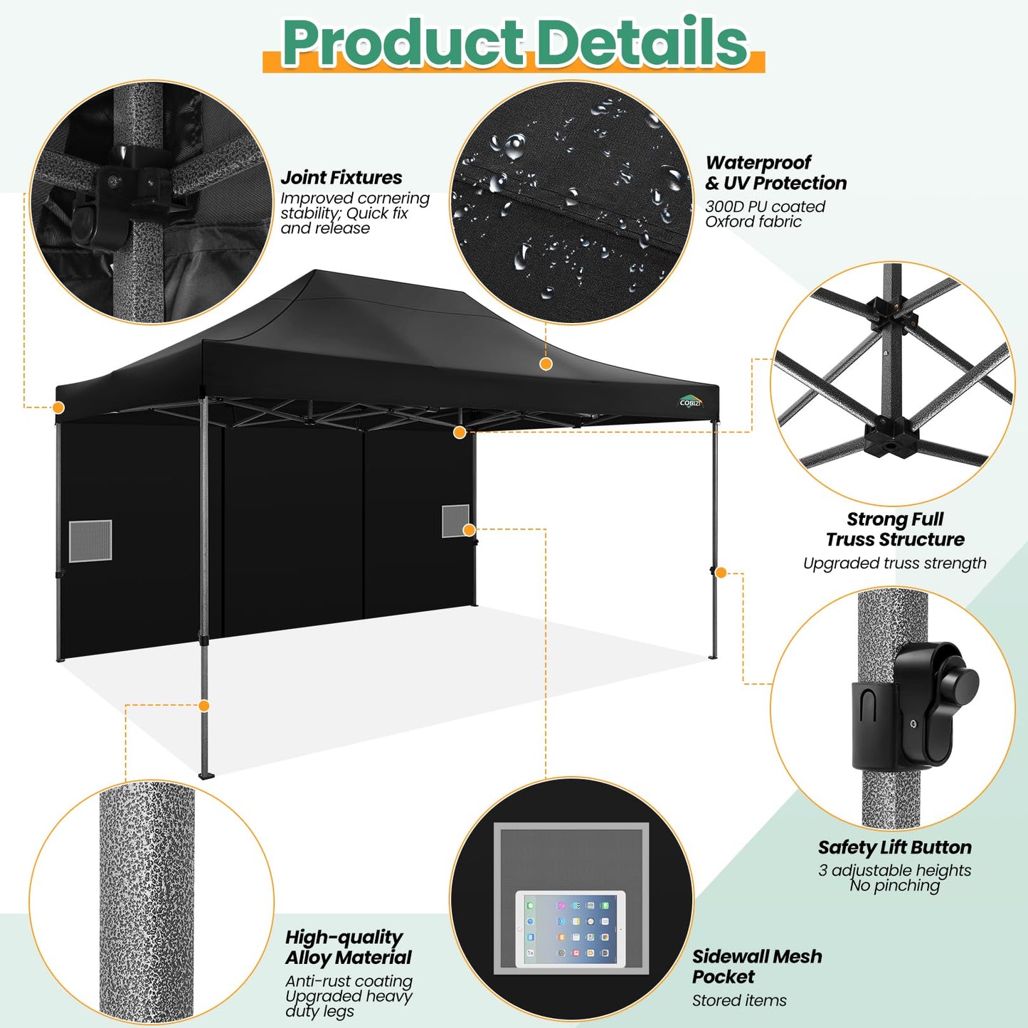 COBIZI 10x15 Heavy Duty Pop up Canopy Tent with 4 sidewalls Commercial Outdoor Canopy Wedding Party Tents for Wedding All Season Wind & Waterproof Gazebo with Carry Bag, Black(Frame Thickened)