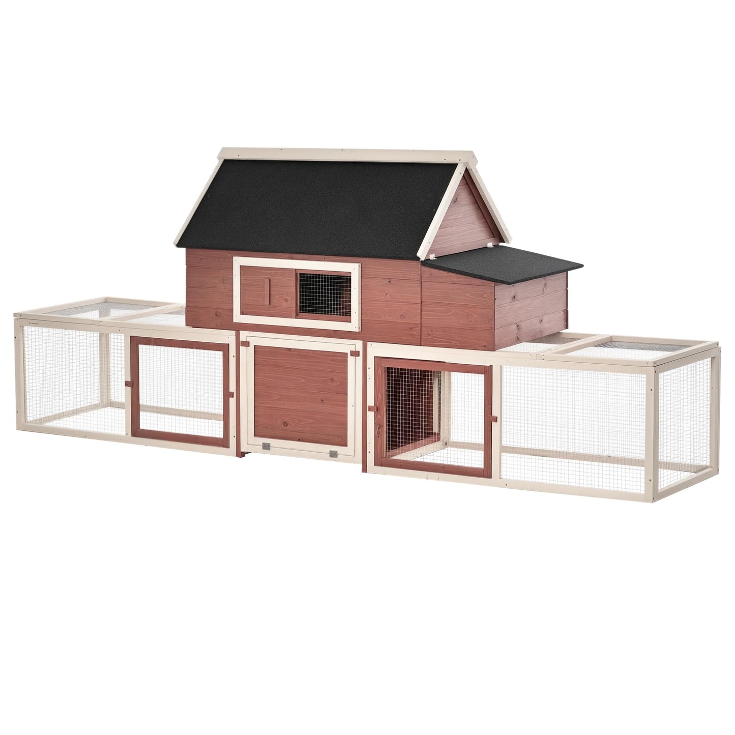 PawHut 114" Chicken Coop Wooden, Customizable Outdoor Chicken Cage Poultry Hen House with Nesting Box, Double Runs, Asphalt Roof, Ramp, for Garden Backyard