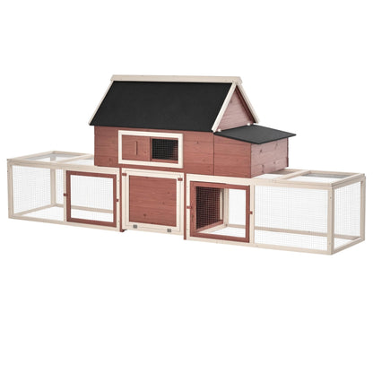 PawHut 114" Chicken Coop Wooden, Customizable Outdoor Chicken Cage Poultry Hen House with Nesting Box, Double Runs, Asphalt Roof, Ramp, for Garden Backyard