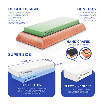 Sharp Pebble Knife Sharpening Stones Kit -Grits 400/1000/6000 Extra Large Whetstone- Wet Stone Knives Sharpener Set with NonSlip Bamboo Base & Flattening Stone