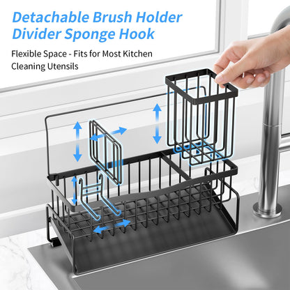Adurei Sponge Holder for Kitchen Sink 304 Stainless Steel Self-Draining Sink Caddy with Smiley Face Sponge and Brush Holder Towel Bar and Divider Kitchen Gadgets Organizer for Countertop, Black