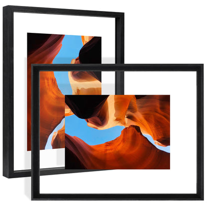 YOTINTIN 11x14 Floating Frames 2 Pack Wooden Photo Frame Double Sided Glass Picture Frame for Any Size Picture up to 11x14, Wall Mount or Tabletop Displays, Double-edged Frames, Black
