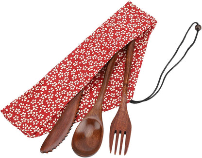 Wooden Cutlery Set, Cooking Utensils with Spoon, Fork, Knife and Storage Bag