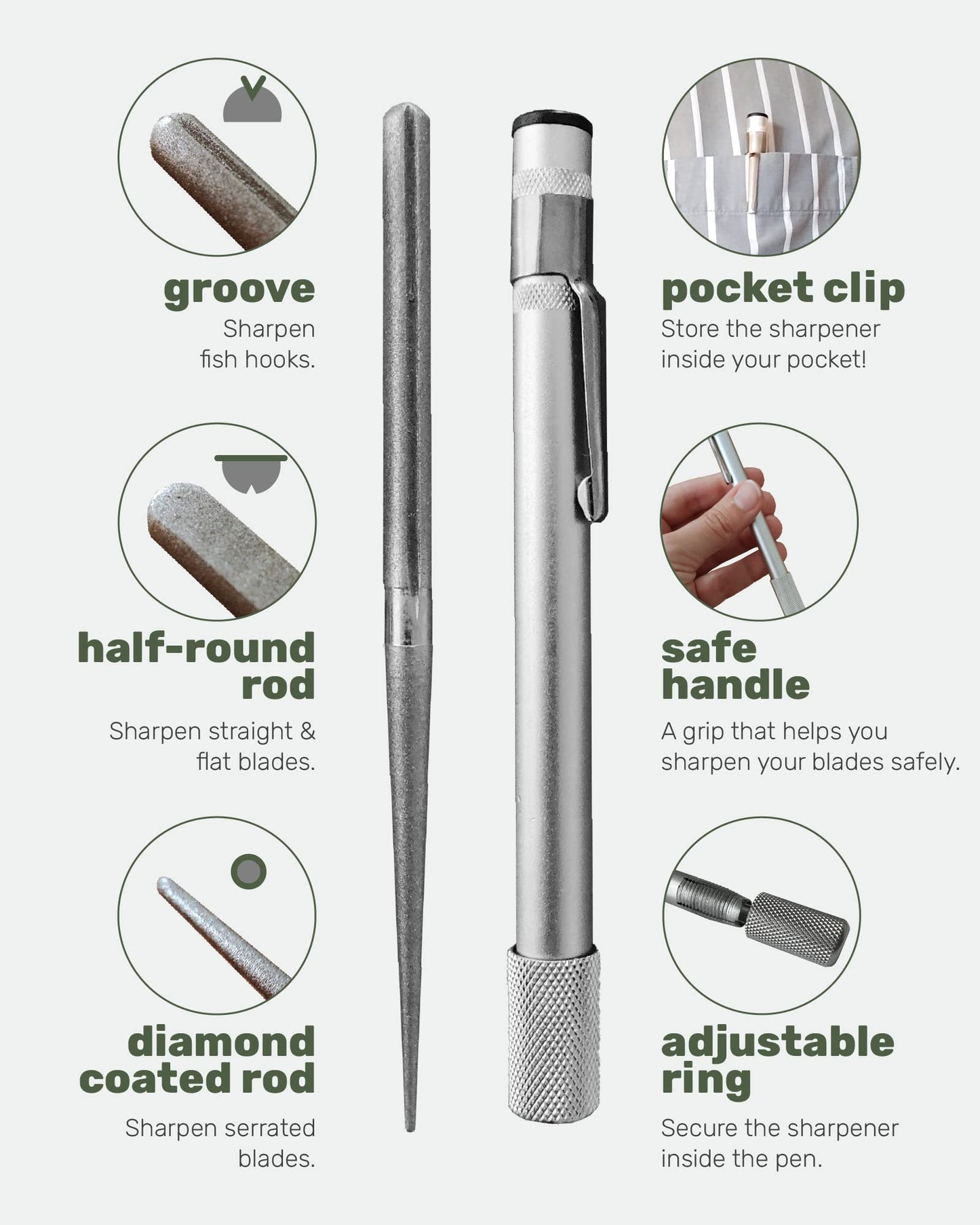 Wamery Serrated Knife Sharpener - Retractable Diamond Rod Pocket Sharpener for Serrated & Straight Blades - Multifunctional Sharpening Tool for Outdoor Kitchen Fishing Hunting (Silver)
