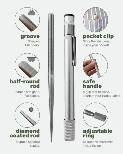 Wamery Serrated Knife Sharpener - Retractable Diamond Rod Pocket Sharpener for Serrated & Straight Blades - Multifunctional Sharpening Tool for Outdoor Kitchen Fishing Hunting (Silver)