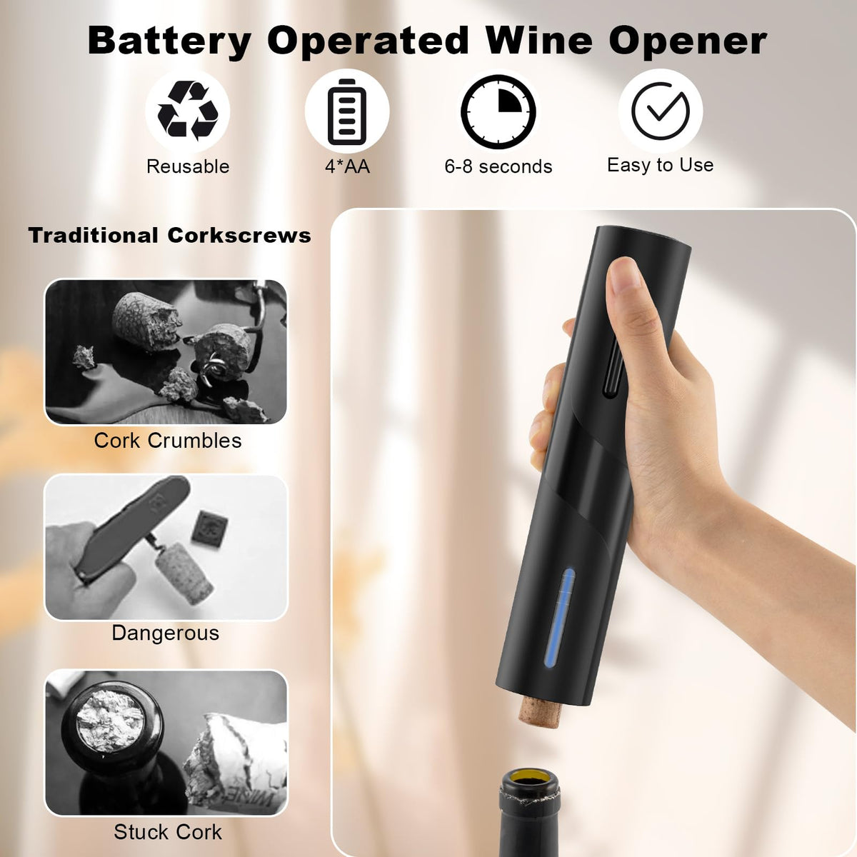 COKUNST Electric Wine Opener, Battery Operated Wine Bottle Openers with Foil Cutter, One-click Button Corkscrew Remover for Home Kitchen Party Wedding