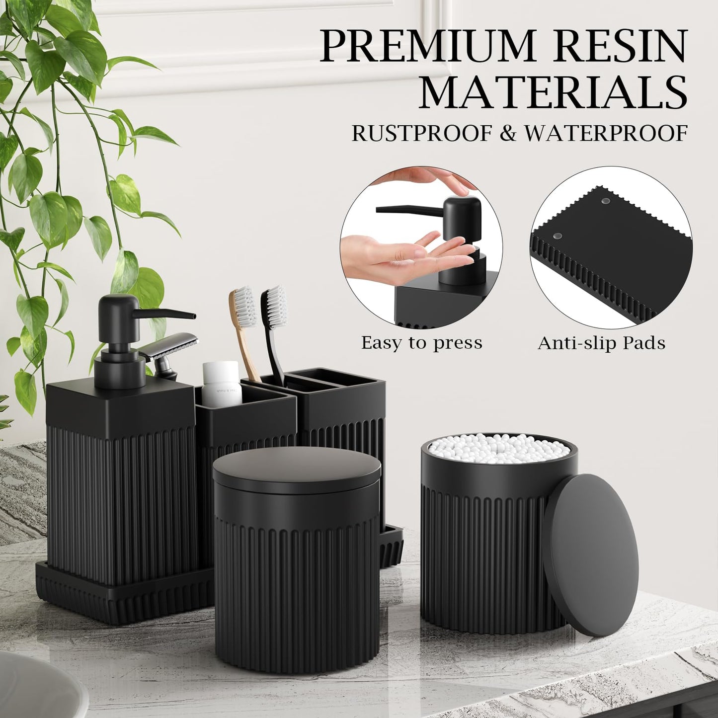 InnJoey 6-Piece Black Bathroom Set - Sleek Resin Organizer with Soap Dispenser, Toothbrush Holder, Vanity Tray, Tumbler & Apothecary Jars for Small Spaces