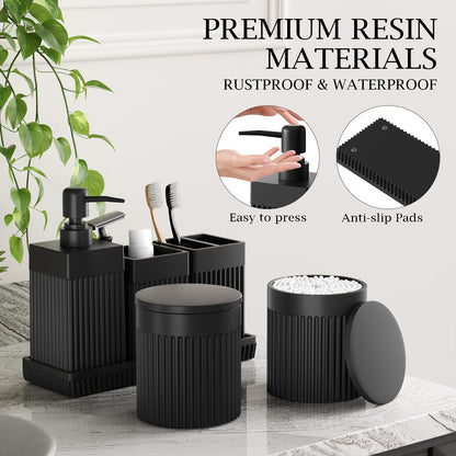 InnJoey 6-Piece Black Bathroom Set - Sleek Resin Organizer with Soap Dispenser, Toothbrush Holder, Vanity Tray, Tumbler & Apothecary Jars for Small Spaces