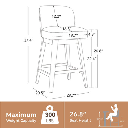 CHITA 26.8" Swivel Counter Height Bar Stools, Modern Upholstered Counter Stools with Back and Wood Legs for Kitchen Island, Home Bar, Set of 2, Cream Fabric
