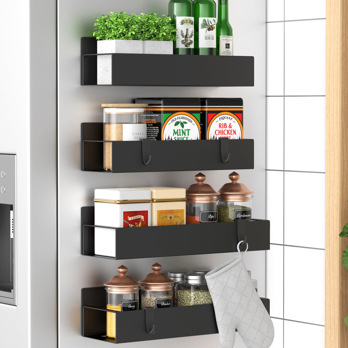 HuggieGems Metal 4 Pack Magnetic Spice Storage Rack Organizer for Refrigerator and Oven, Black Fridge Organizers and Storage
