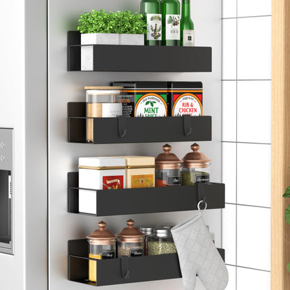 HuggieGems Metal 4 Pack Magnetic Spice Storage Rack Organizer for Refrigerator and Oven, Black Fridge Organizers and Storage
