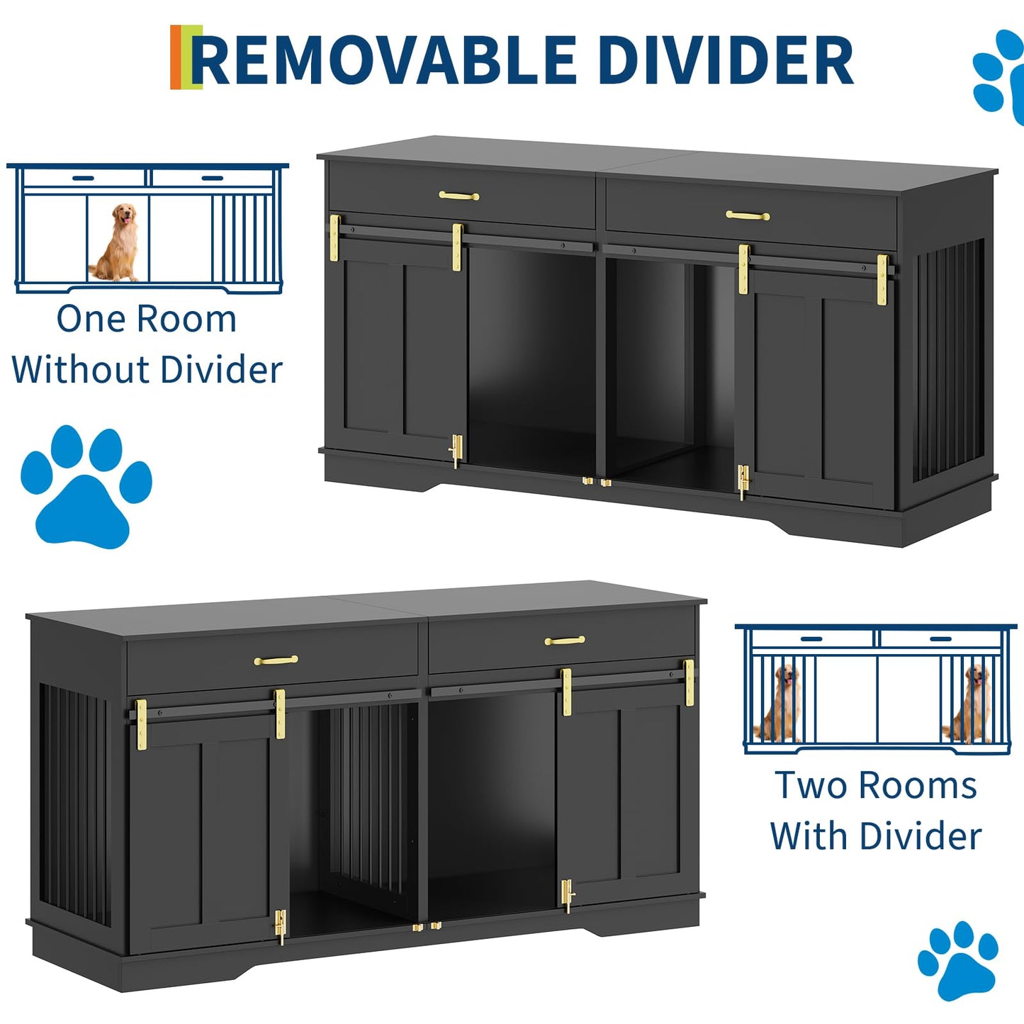 GarveeHome 71'' Double Wooden Dog Crate Furniture for 2 Dogs, with Removable Divider, Sliding Door & 2 Drawers, Decorative TV Stand for Living Room, Fits Small Medium Large Dogs