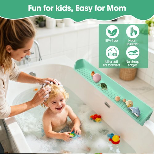 Longer Splash Guard for Bathtub Kids, 2.6 Ft Silicone Bathtub Splash Guard for Tub Kids with 11 Strong Suction Cups, Play Shelf & Toy Holder Tray to Prevent Mess and Water Overflow from the Tub