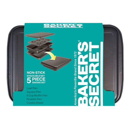 Baker's Secret Stackable Baking Set of 5 Bakeware Pans, Bakeware Set, Baking Pan Set Includes Muffin Pan, Roaster Pan, Square Pan, Cookie Sheet, Loaf Pan, Easy Store, Dishwasher Safe, Baking Supplies