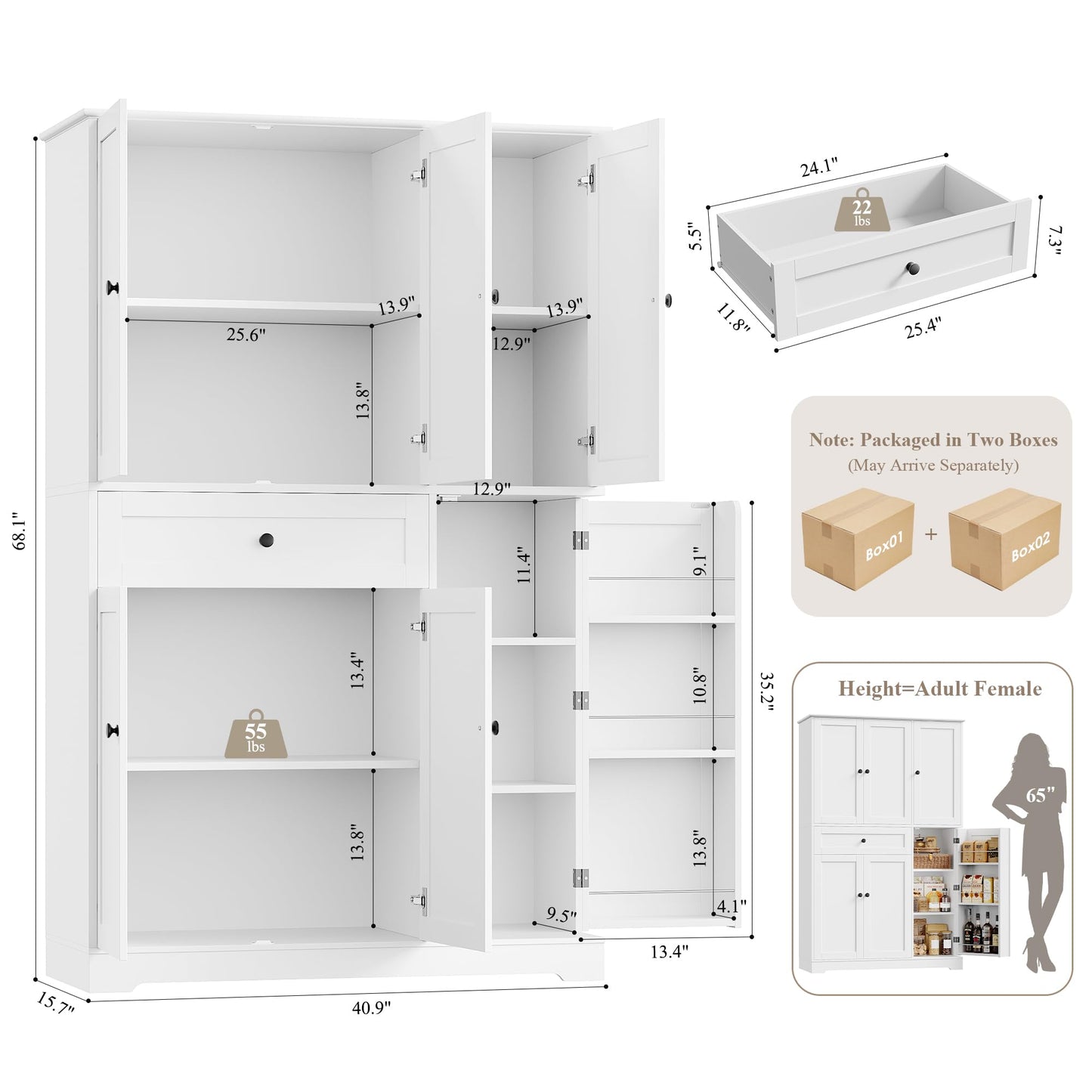 HOSTACK 68" Tall Kitchen Pantry Storage Cabinet, Modern Kitchen Hutch Cabinet with Doors and Shelves, Freestanding Food Pantry with Large Storage Drawer for Dining Room, Living Room, White
