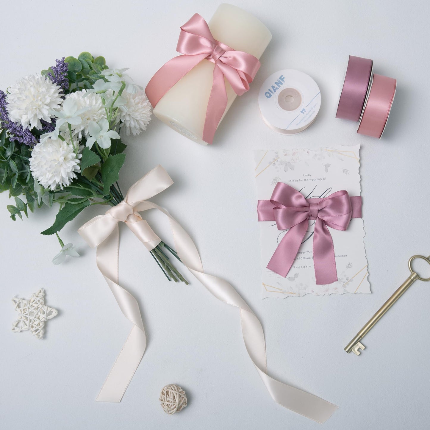 QIANF Dusty Rose Double Face Satin Ribbon 1 Inch x 45 Yards Champagne Pink/Rose Gold/Mauve Fabric Ribbon for Gift Wrapping, Flower Bouquets, Bows Making, Wedding Decor (3 Rolls *15Yd)