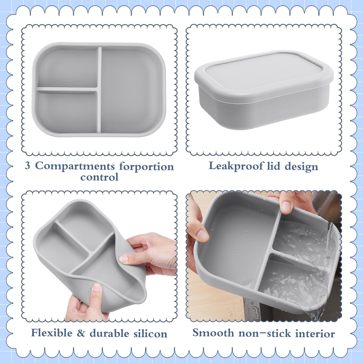 Honeydak 4 Pcs Silicone Bento Box for Adults, 3 Compartment Lunchable Food Container for Women Men, Leak Proof Microwave Dishwasher Freezer Safe (White,Grey,Dark Grey,Black)