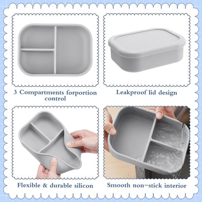 Honeydak 4 Pcs Silicone Bento Box for Adults, 3 Compartment Lunchable Food Container for Women Men, Leak Proof Microwave Dishwasher Freezer Safe (White,Grey,Dark Grey,Black)