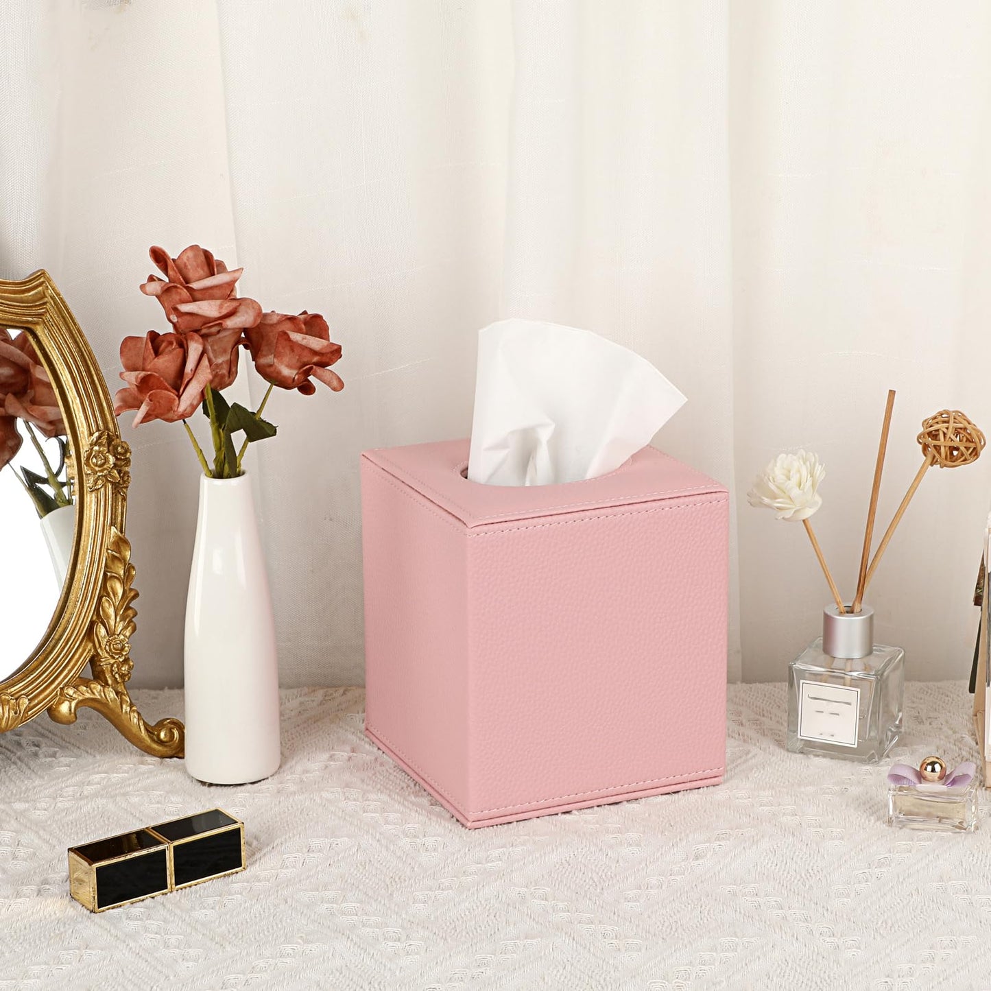 Sumnacon Tissue Box Cover Square Tissue Box Stylish PU Tissue Box Holder with Magnetic Bottom, Cube Leather Tissue Cover for Living Room Bathroom Table Desk Home Office Car, Pink