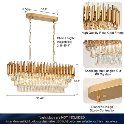 A AXILIXI Modern Rectangular Chandelier Gold Crystal Chandeliers for Dining Room 8-Light Linear Ceiling Pendant Light Long 32” Luxury Oval Chandelier for Kitchen Island Living Room