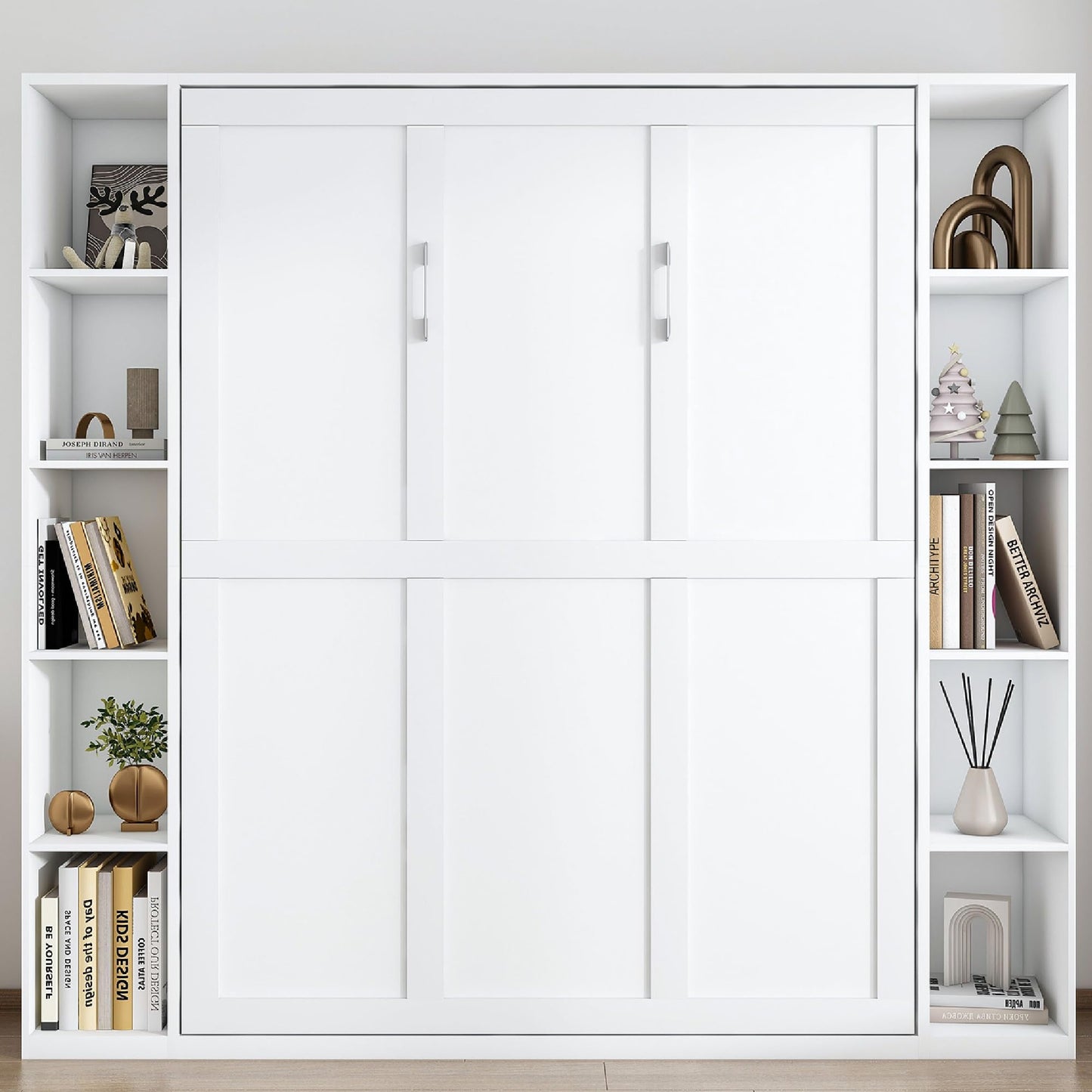 KEIKI Queen Size Murphy Bed Chest, Folding Cabinet Wall Bed Frame with Storage Shelves, Sapce Saving Hideaway Cabinets Beds Frames for Apartment Bedroom Guest Room, Wood Slats Support, White
