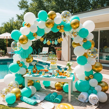 Teal Balloon Garland Kit with Gold Butterflies, Turquoise, Blue, Green, White & Gold Balloons for Party Decor