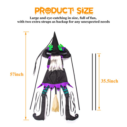 KwenPart 57" Large Flying Crashing Witch Into Tree Halloween Decoration - Funny Head-Clutching Outdoor Hanging Witch with 3D Effect Broom for Yard, Porch, Tree, Fence, Door - Weather-Resistant Decor
